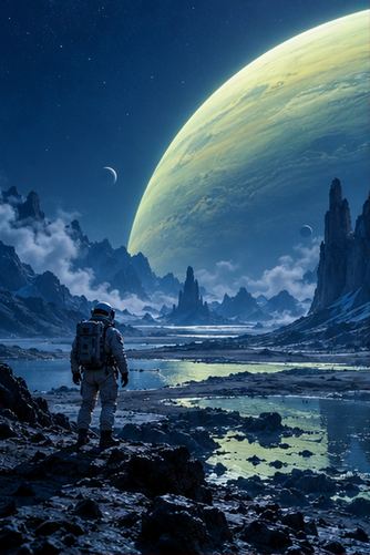 Un paisaje de ciencia ficción bajo un gran planeta
