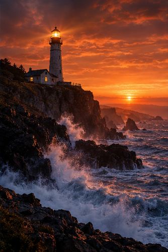 Un faro frente al mar al atardecer